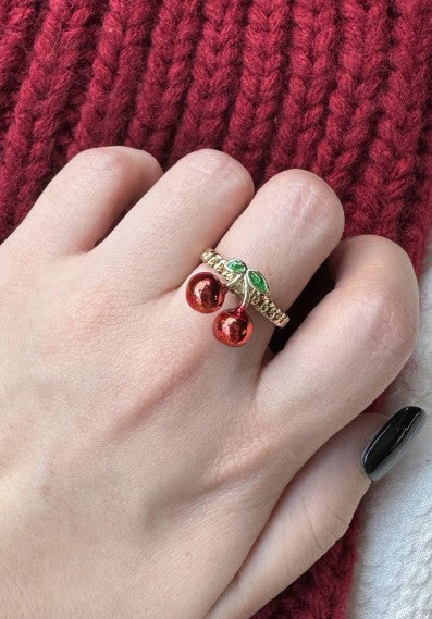 ❷❷🌿1 pieza Anillo abierto chapado en oro con diseño de gota de aceite rojo en forma de fruta.