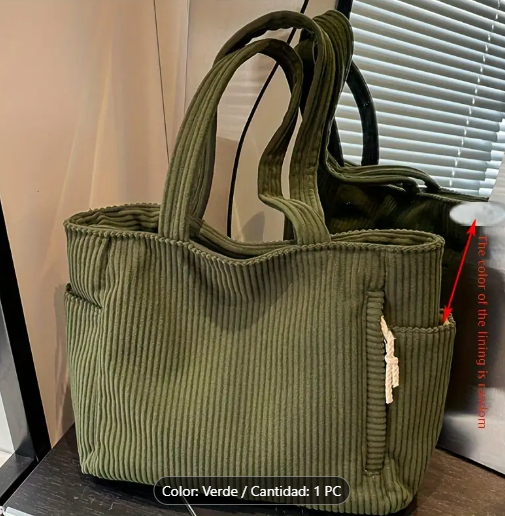 T❸❻🌹1pc Bolso Tote de Pana Elegante y Casual con Cierre de Cremallera, Gran Capacidad Plegable Forrado en Poliéster, Correas Fijas para el Hombro para Uso Diario