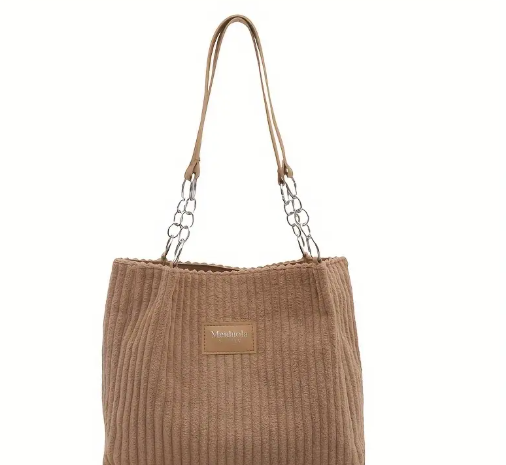 T❸❼🌾Bolso Tote de Pana Elegante para Mujer con Correa de Cadena, Diseño Espacioso para el Uso Diario, Patrón de Rayas en Beige y Marrón, Forro de Poliéster
