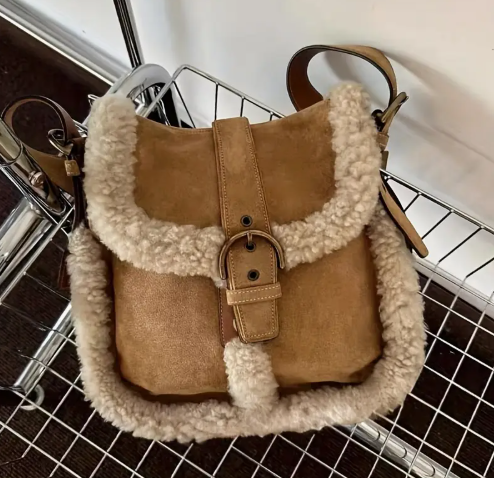 T❹❺🦋Bolso de Hombro Retro Acogedor para Mujer con Ribete de Piel Sintética