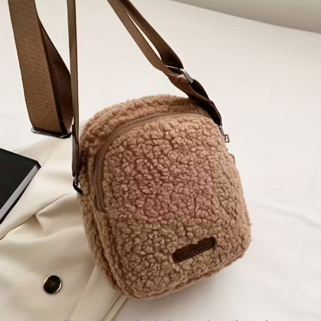 T❺❹🍂Bolso Bandolera de Peluche Falso para Mujer con Cierre de Zipper - Temática Animal en Blanco y Beige,BHerrajes Dorados,BSuave Solapa Estilo Orejas de Gatito (No Lavable) – Bolsa Acogedora Para Uso Diario