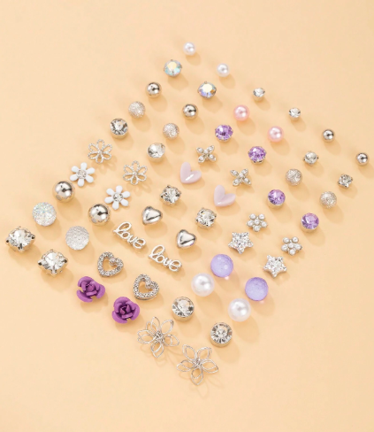 ❸❷🍁Set de regalo de 30 pares de pendientes tipo botón de lujo y elegantes con flores, corazones y mariposas de metal, perlas falsas y rhinestones para mujeres