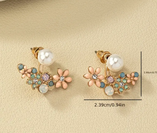 🍂T❹❹🍂Elegantes aretes de perlas florales, aleación de zinc chapada en oro de 14K