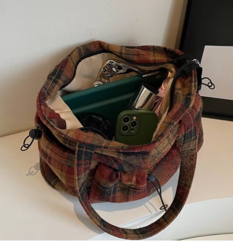 T❺❺🍂Bolso Tote Grande para Mujer - Estilo Coreano a Cuadros a Cuadros en Marrón Rojo
