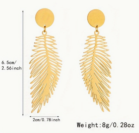 T❹❺🦋Pendientes Colgantes de Hoja de Acero Inoxidable en Tono Dorado Elegante