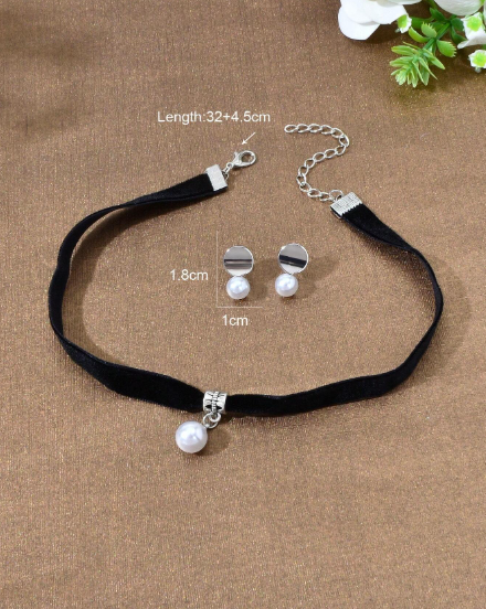 ❷⓿☀️ De Joyas Retro De 3 Piezas: Collar De Terciopelo Negro, Collar Con Colgante De Perlas Falsas Y Aretes De Tachuelas Plateados