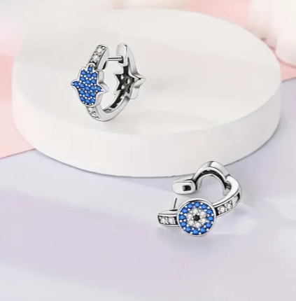 T❺❶🌻1 Par de Pendientes Creativos Ojo del Diablo y Palma Azul