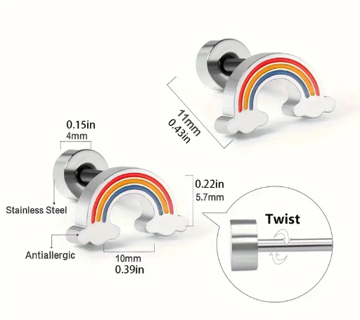 T❸⓿🌼1 Par de Pendientes de Botón con Diseño de Arcoíris Sencillo y Lindo, Acero Inoxidable