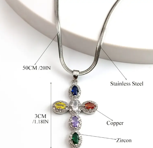 T❹❹🍂Collar Cruz de Zirconia Sintética Multi para Mujer, Joyería Religiosa en Acero Inoxidable