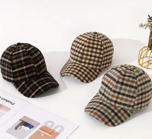 T❷❹⭐1 Gorra de Béisbol Elegante de Mezcla de Vellón a Cuadros
