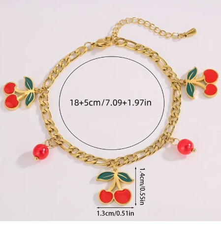T❹❾💥Pulsera de acero inoxidable con diseño de cereza dorado para mujeres