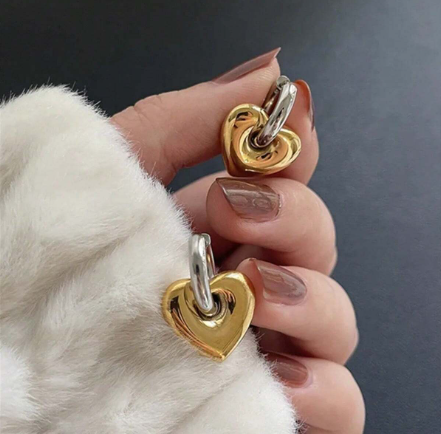 ❷❶🔥Pendientes con aro en forma de corazón de metal con bloques de color, de acero inoxidable