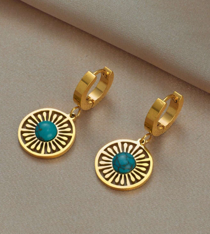 ❸❸💫Pendientes de flores de turquesa de acero inoxidable vintage, pendientes colgantes de moneda sol, regalos de joyas punk creativas para mujeres