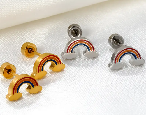 T❸⓿🌼1 Par de Pendientes de Botón con Diseño de Arcoíris Sencillo y Lindo, Acero Inoxidable