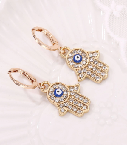T❹❶💐Pendientes largo mano Hamsa decoración del mal de ojo con diamante de imitación