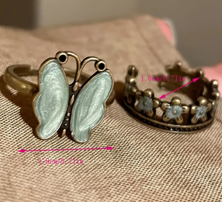 T❹❺🦋Par de Anillos para Mujer con Diseño Vintage de Mariposa y Flor Abierta en la Espalda