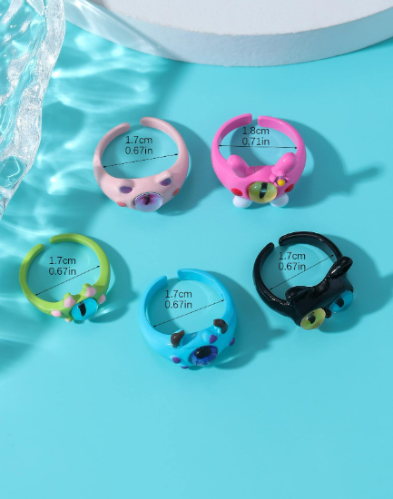 ❶❹⭐Anillos negro ojos de gato de colores monstruo de dibujos animados
