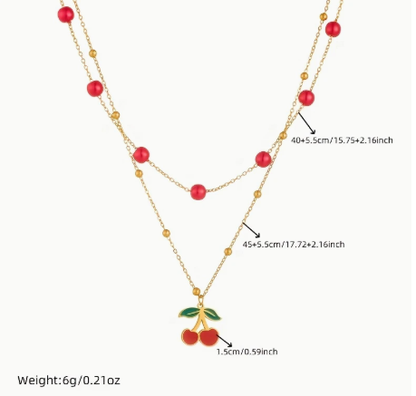 T❹❺🦋 Cadena de acero inoxidable dorado de doble capa con cuentas rojas redondas y colgante de cereza
