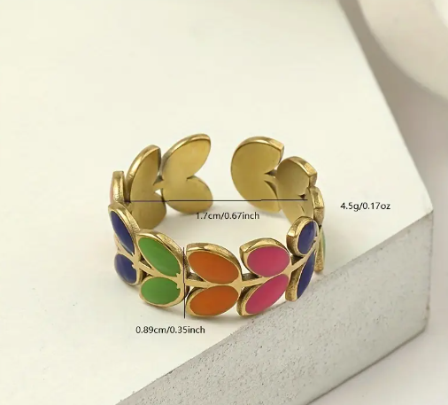 T❷❺🌷Anillo Ajustable con Diseño de Hoja Vibrante - Acero Inoxidable