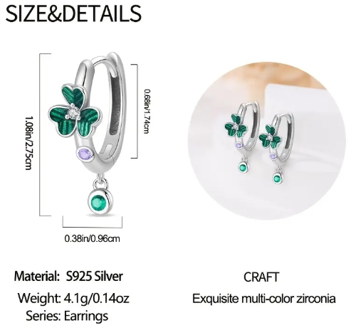 T❸⓿🌼Elegantes Pendientes de Aro de Trébol de Cuatro Hojas en Plata de Ley 925 con Gemas Verdes y Moradas - Diseño Lujoso de Inspiración Vintage