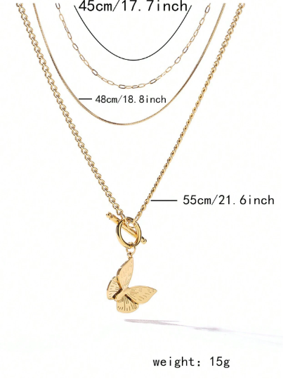 ❹❽🌻1 pieza Collar de cadena de suéter de moda de varios niveles con colgante de mariposa de acero inoxidable