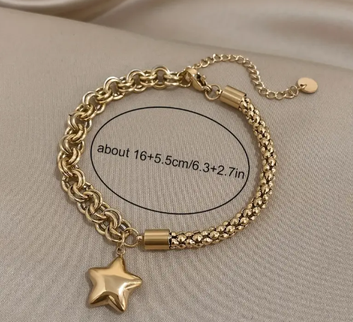T❷❾🏵️ Pulsera de cadena gruesa de acero inoxidable con colgante de estrella de estrás - Joyería de muñeca de moda para bodas