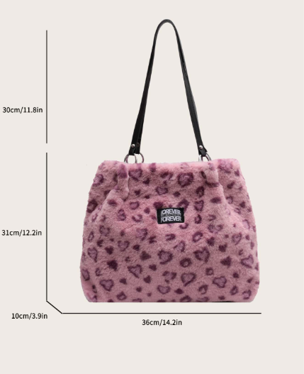 ❸❶🌸Bolso de tote de peluche suave, acolchado, esponjoso, mullido y peludo de 1 pieza con estampado de leopardo rosa, con decoración de anillo metálico y gran capacidad para uso diario de mujeres, niñas, estudiantes universitarias