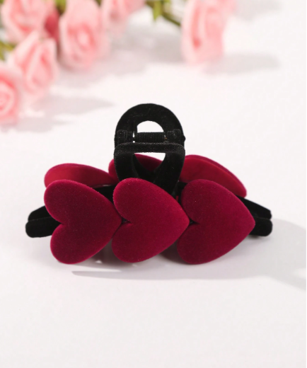 ❷❺🌷1 pieza Pinza de cabello con forma de corazón rojo flocado, Día de San Valentín