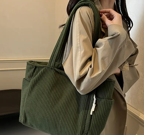 T❸❻🌹1pc Bolso Tote de Pana Elegante y Casual con Cierre de Cremallera, Gran Capacidad Plegable Forrado en Poliéster, Correas Fijas para el Hombro para Uso Diario