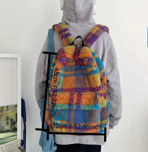 T❹❽🌻Mochila de Mujer a Cuadros y Peluche Colorido