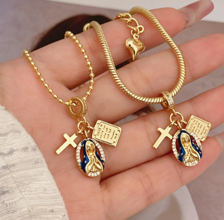 T❹❺🦋Conjunto de collar y pulsera de cruz de fe elegante