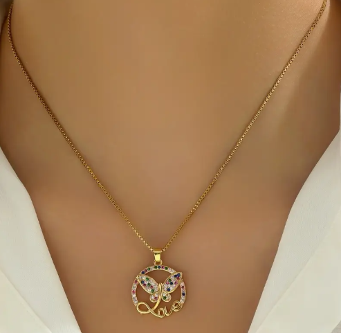 T❹⓿🍁 1pc Collar de acero inoxidable chapado en oro de 18K con zircónia sintética