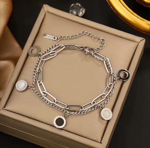T❺❸💫Pulsera de acero inoxidable de doble capa con números romanos