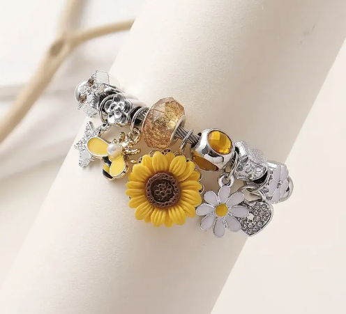 T❸⓿🌼Pulsera Elegante con Encanto de Girasol y Abeja y Pedrería - Acero Inoxidable, Perfecta para Fiestas, Bailes y Atuendos Casuales