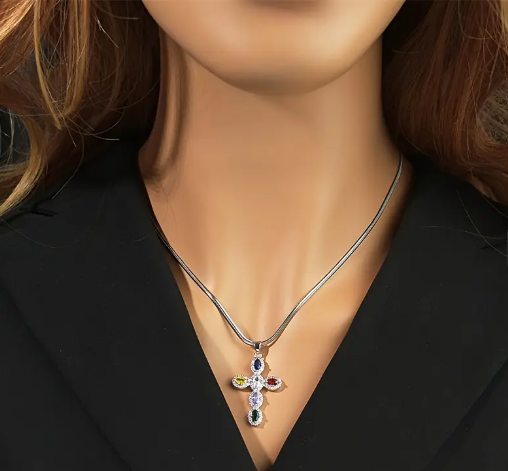 T❹❹🍂Collar Cruz de Zirconia Sintética Multi para Mujer, Joyería Religiosa en Acero Inoxidable