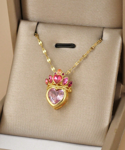 ❸❹🌻 1 pieza Collar con colgante de corazón de acero inoxidable con circonita cúbica, regalo lujoso para mujeres