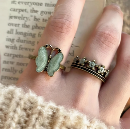 T❹❺🦋Par de Anillos para Mujer con Diseño Vintage de Mariposa y Flor Abierta en la Espalda