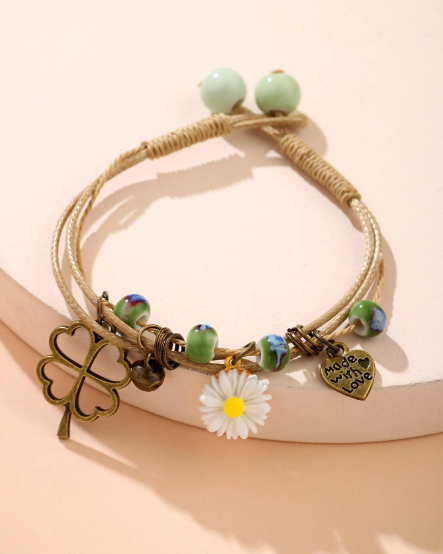 ❶❶🍎❽❣️Pulsera con corazón & con accesorio de flor