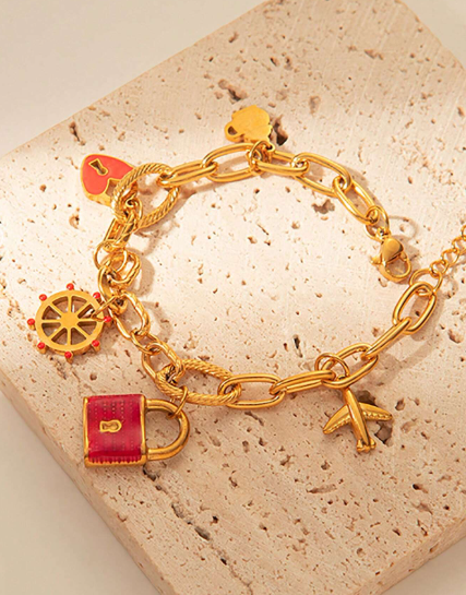 ❷❼😍1 pieza Brazalete de acero inoxidable dorado con colgante de candado vintage minimalista