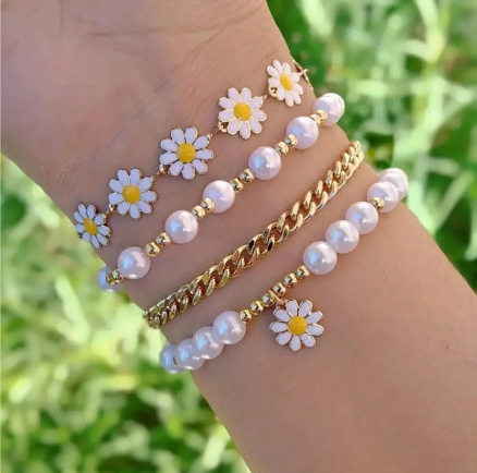 ❾☘️4 Piezas Juego De Pulseras Con Cuentas De Margarita Hermosa Y Perlas Falsas Simuladas Para Mujeres, Citas, Fiestas, Regalo De Navidad, Día De San Valentín