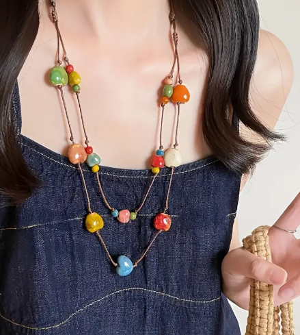 T❺❸💫1 pieza/2 piezas, collar largo de cerámica ajustable de doble capa con corazones coloridos
