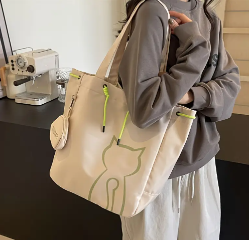 T❹❸🍀Gran Bolso de Nailon para Mujer con Diseño de Gato Animado