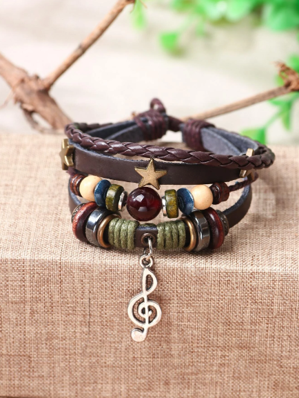 ❶❺🍄 ROMWE Hippie Pulsera De Cadena De PU Con Estrellas De Estilo Bohemio, Joyería De Mano Apilable Para Mujeres Y Niñas