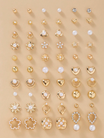 ❸❷🍁Set de 30 pares de aretes con perla metálica, diseño de flor de ciruelo, gota de agua y en forma de corazón, un set elegante dorado para uso diario