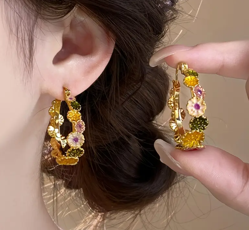 T❹❹🍂1 Par de Pendientes de Aro Floral Vintage para Mujer