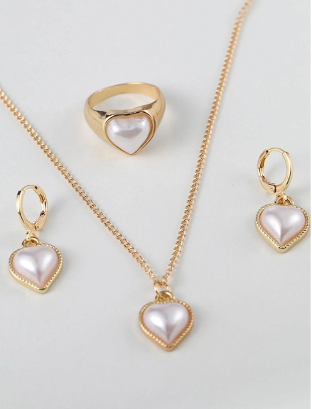 ❽❣️Conjunto De Joyas Decoradas En Forma De Corazón Con Perlas Sintéticas En Un Set De 4 Piezas