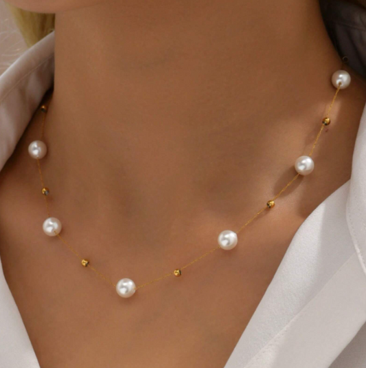 🍇💚1 Pieza Collar Elegante De Imitación De Perlas Y Cuentas Doradas Para Mujeres, Nuevo Estilo Francés, Cadenita De Clavícula De Acero De Titanio De Moda Para El Verano