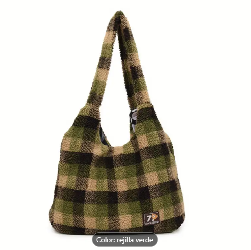 T❹❶💐1 pieza de bolso de mano suave y esponjoso de cuadros, gran capacidad, diseño vintage con cierre de presión, poliéster, bolso de mano casual con bolsillo de utilidad para viajes - Solo lavado a mano