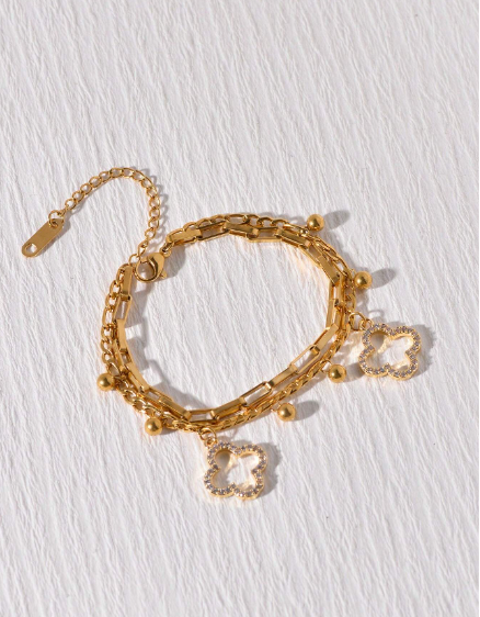 ❶❻💥1 Pieza Pulsera Encantadora De Moda De Doble Capa De Acero Inoxidable Con Colgante De Trébol Recortado Para Mujeres Como Regalo Para Festivales