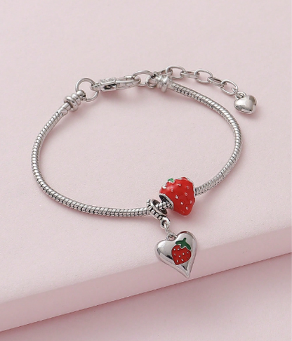 ❹❺🦋1 pieza Pulsera de cobre con cuentas y diseño de corazón con fresas pintadas de forma romántica, regalo para mujeres